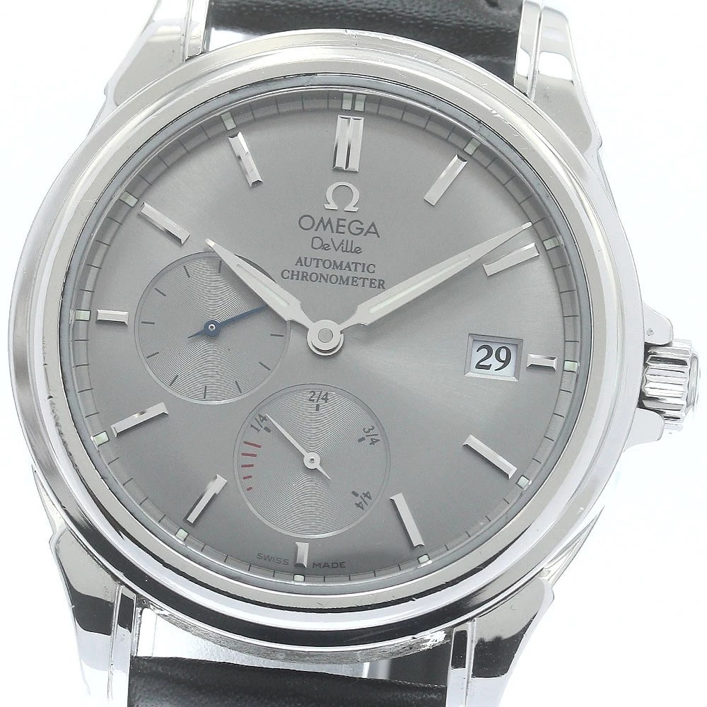 OMEGA DE VILLE PRESTIGE CO AXIAL AUTOMATIC WATCH: OMEGA De Ville Prestige Co Axial Automatic Watch Brand: OMEGA Type/Style: Wristwatch Material: Band Material leather, Case Material Stainless Steel / leather Color: Band Color black, Dial Color gray,