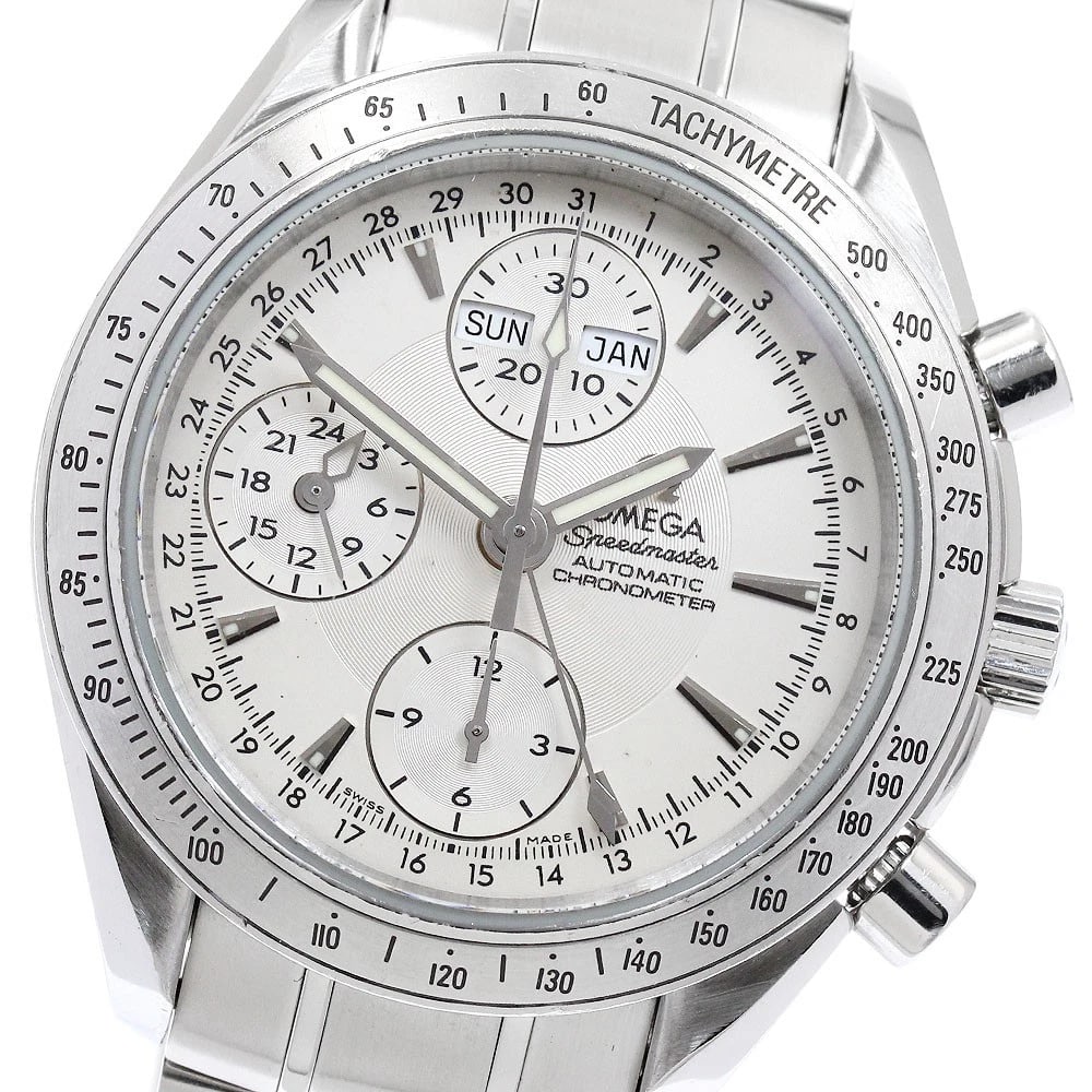 OMEGA SPEEDMASTER TRIPLE CALENDAR AUTOMATIC WATCH: OMEGA Speedmaster Triple calendar Automatic Watch Brand: OMEGA Type/Style: Wristwatch Material: Band Material Stainless Steel, Case Material Stainless Steel / Stainless Steel Color: Band Color