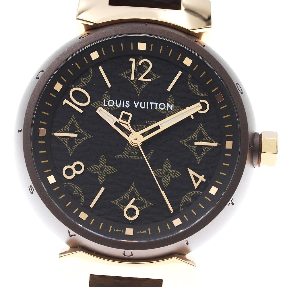 LOUIS VUITTON TAMBOUR MM MONOGRAM K18PG BROWN & GOLD QUARTZ, WATCH: LOUIS VUITTON Tambour MM Monogram K18PG Brown & Gold Quartz, Watch Brand: LOUIS VUITTON Type/Style: Wristwatch Material: Band Material leather, Case Material Stainless Steel/K18PG / leather Color:
