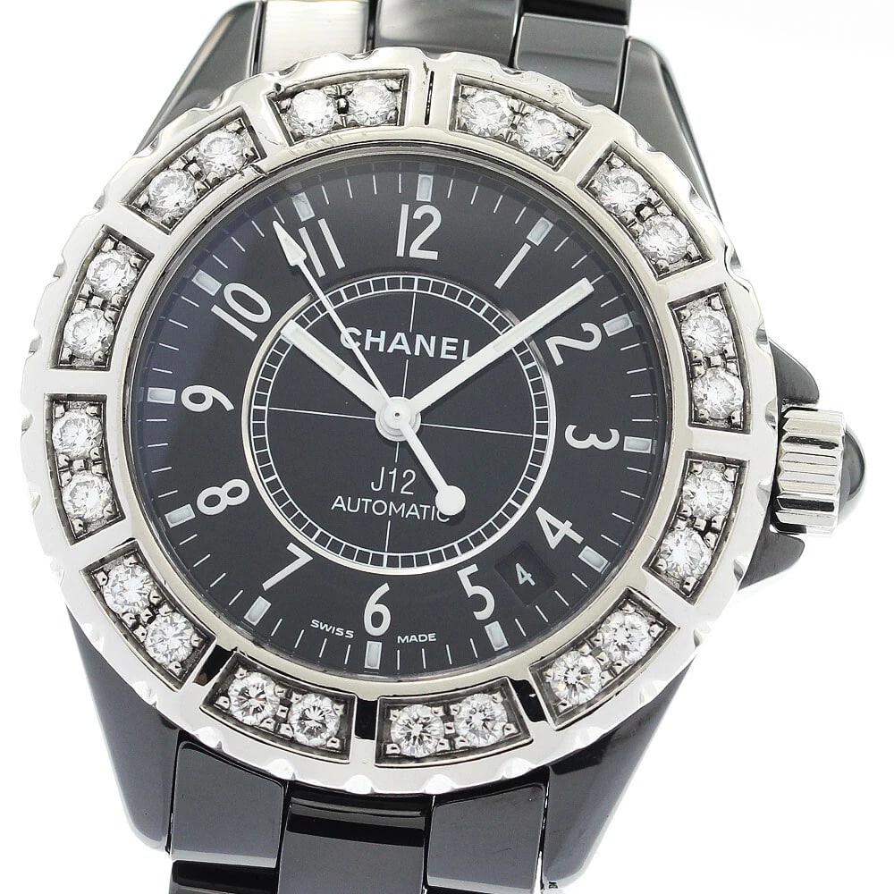 CHANEL J12 DIAMOND BEZEL BLACK AUTOMATIC WATCH: CHANEL J12 Diamond Bezel black Automatic Watch Brand: CHANEL Type/Style: Wristwatch Material: Band Material leather, Case Material Stainless Steel / ceramic / leather Color: Band Color black, Dial