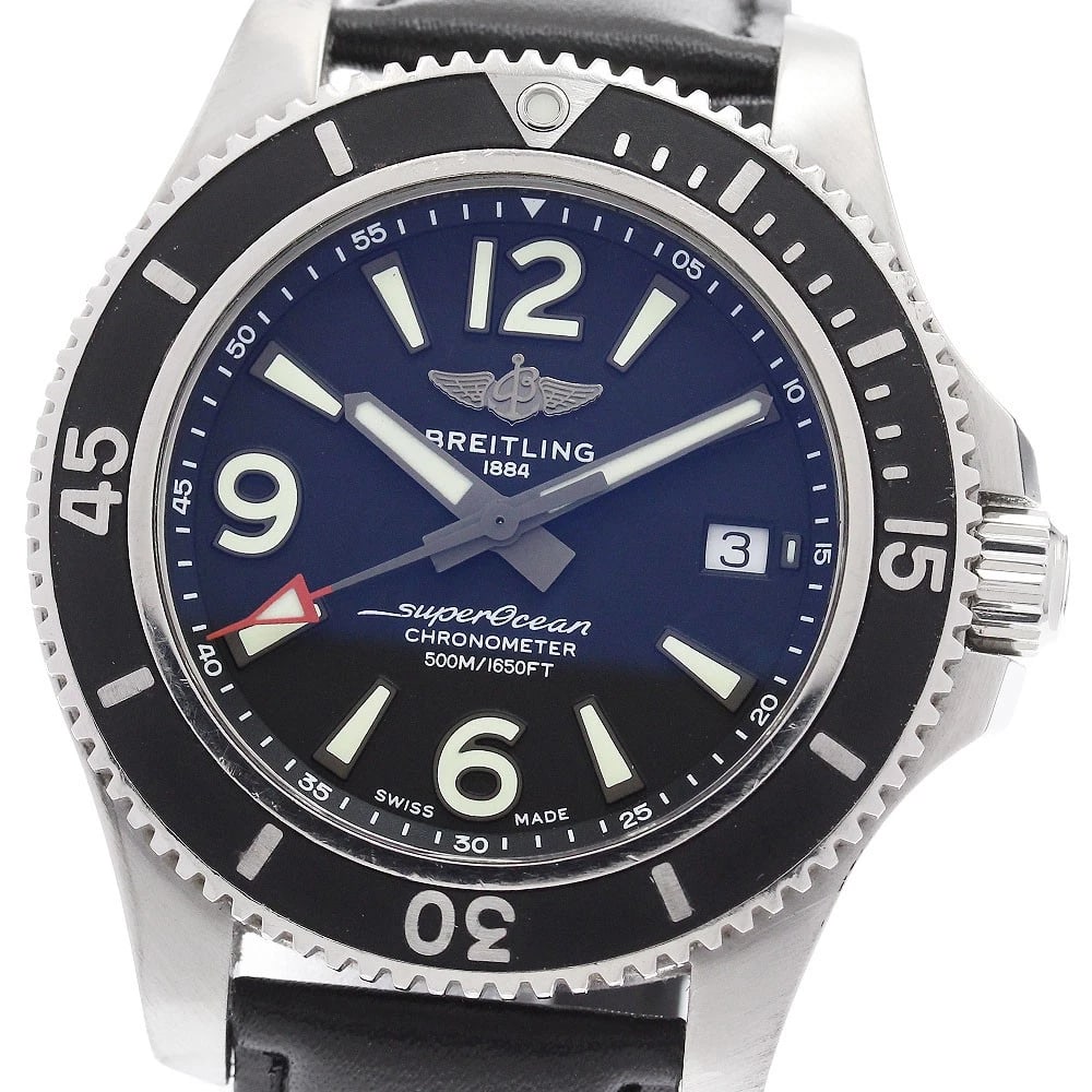 BREITLING SUPER OCEAN DATE BLACK AUTOMATIC WATCH: BREITLING Super Ocean Date Black Automatic Watch Brand: BREITLING Type/Style: Wristwatch Material: Band Material leather, Case Material Stainless Steel / leather Color: Band Color black, Dial Color bl