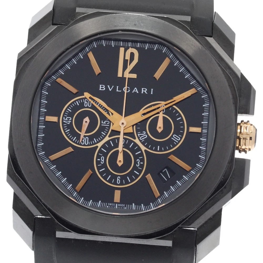 BVLGARI OKTO ULTRA NERO CHRONOGRAPH AUTOMATIC WATCH: BVLGARI Okto Ultra Nero Chronograph Automatic Watch Brand: BVLGARI Type/Style: Wristwatch Material: Band Material rubber, Case Material stainless Steel /stainless steel Color: Band Color black, Dial