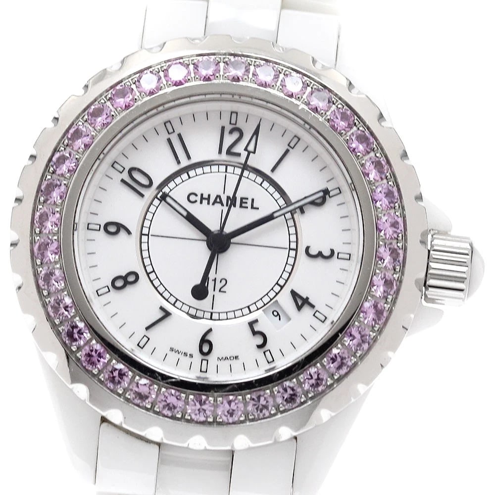 CHANEL PINK SAPPHIRE BEZEL, DATE WHITE DIAL QUARTZ LADIES WATCH: CHANEL Pink sapphire bezel, date white Dial Quartz Ladies Watch Brand: CHANEL Type/Style: Wristwatch Material: Band Material Stainless Steel / ceramic, Case Material Stainless Steel / ceramic /