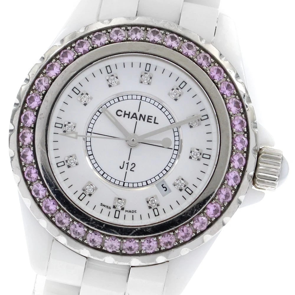 CHANEL J12 PINK SAPPHIRE BEZEL 12P DIAMOND WHITE DIAL, WATCH: CHANEL J12 Pink sapphire bezel 12P diamond white Dial, Watch Brand: CHANEL Type/Style: Wristwatch Material: Band Material Stainless Steel / ceramic, Case Material Stainless Steel / Stainless Steel Col