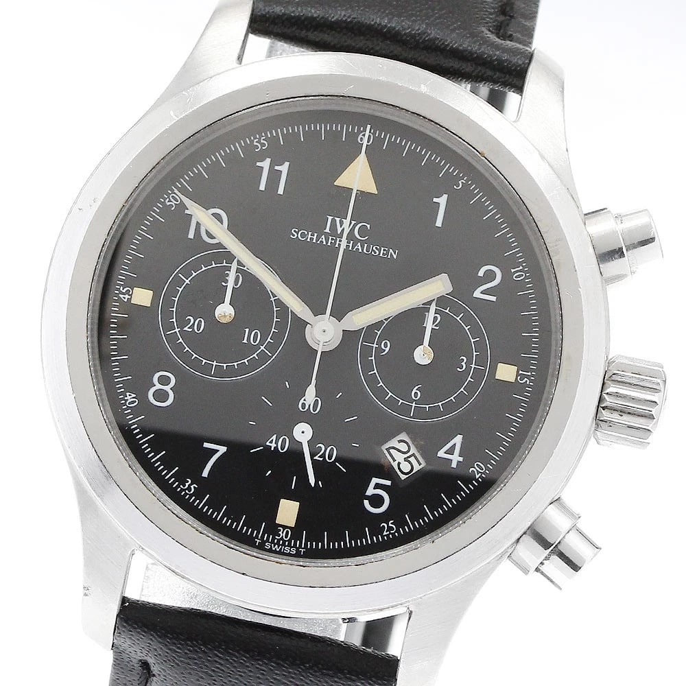 IWC SCHAFFHAUSEN FREEGER CHRONOGRAPH BLACK DIAL QUARTZ MEN'S, WATCH: IWC SCHAFFHAUSEN Freeger Chronograph black Dial Quartz Men's, Watch Brand: IWC SCHAFFHAUSEN Type/Style: Wristwatch Material: Band Material leather, Case Material Stainless Steel / leather Color: Band