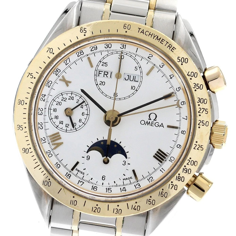 OMEGA SPEEDMASTER MOON PHASE WHITE AUTOMATIC WATCH: OMEGA Speedmaster moon phase white Automatic Watch Brand: OMEGA Type/Style: Wristwatch Material: Band Material Stainless Steel/YG, Case Material Stainless Steel/YG / Stainless Steel/YG Color: Band Col