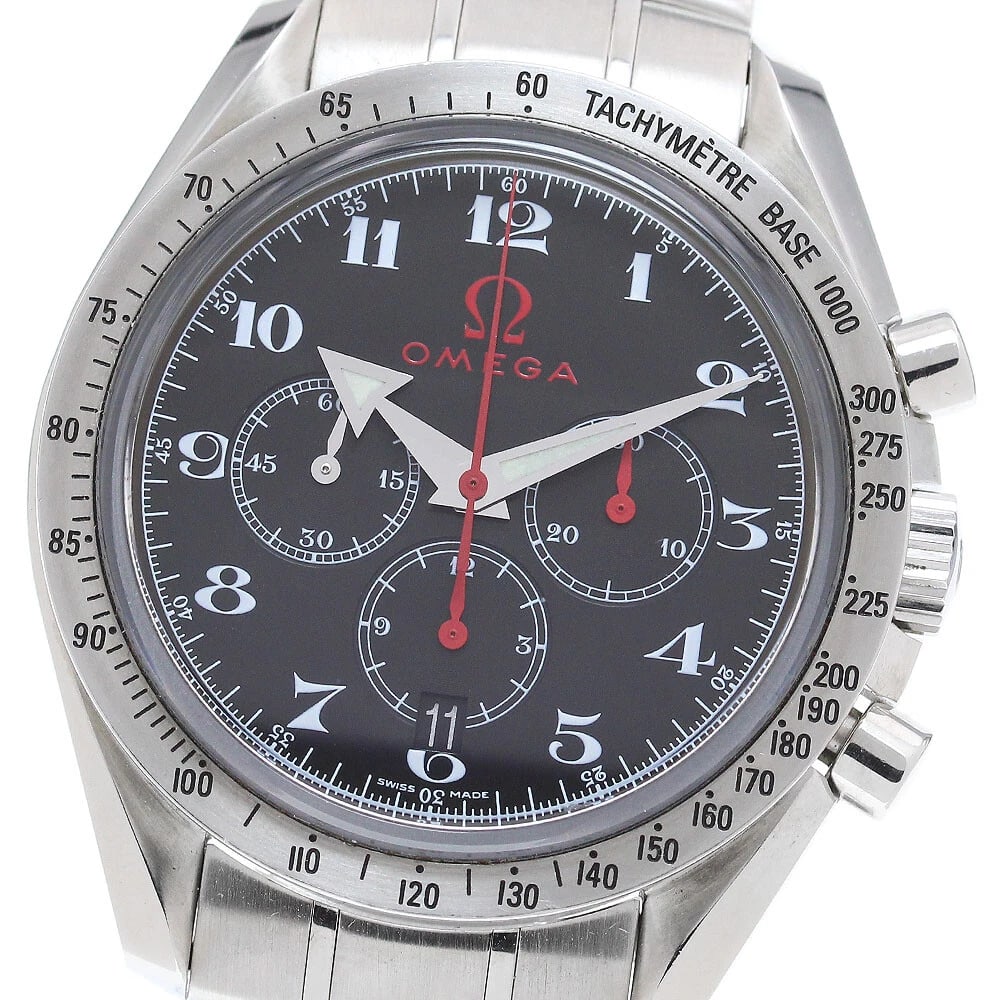 OMEGA SPEEDMASTER BLACK AUTOMATIC WATCH: OMEGA Speedmaster black Automatic Watch Brand: OMEGA Type/Style: Wristwatch Material: Band Material Stainless Steel, Case Material Stainless Steel / Stainless Steel Color: Band Color Silver, Dial Colo