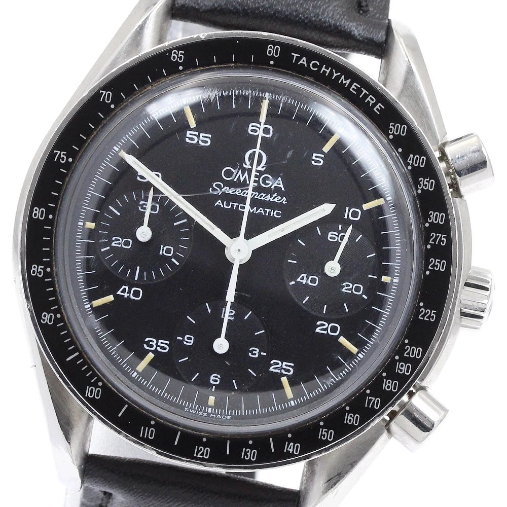 OMEGA SPEEDMASTER CHRONOGRAPH BLACK DIAL AUTOMATIC WATCH: OMEGA Speedmaster Chronograph black Dial Automatic Watch Brand: OMEGA Type/Style: Wristwatch Material: Band Material leather, Case Material Stainless Steel / leather Color: Band Color black, Dial