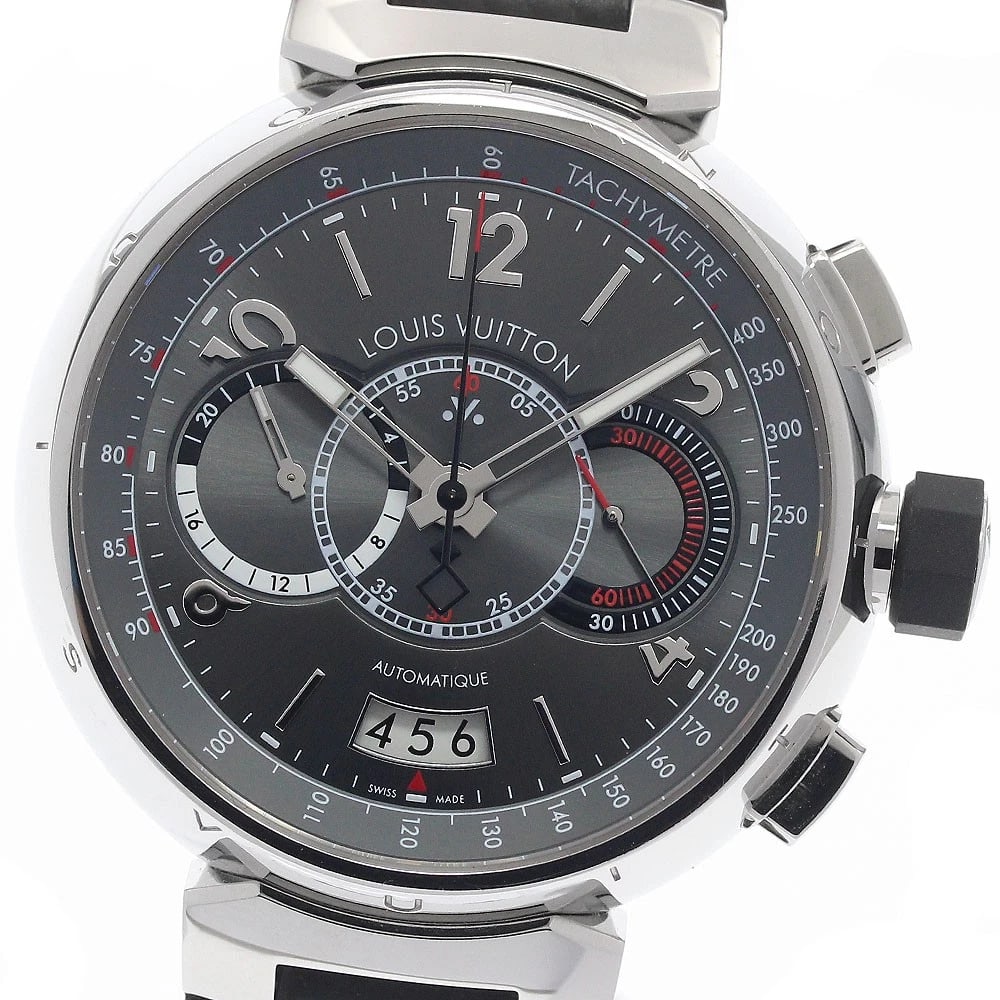 LOUIS VUITTON TAMBOUR CHRONOGRAPH AUTOMATIC WATCH: LOUIS VUITTON Tambour Chronograph Automatic Watch Brand: LOUIS VUITTON Type/Style: Wristwatch Material: Band Material leather, Case Material Stainless Steel / leather Color: Band Color gray, Dial