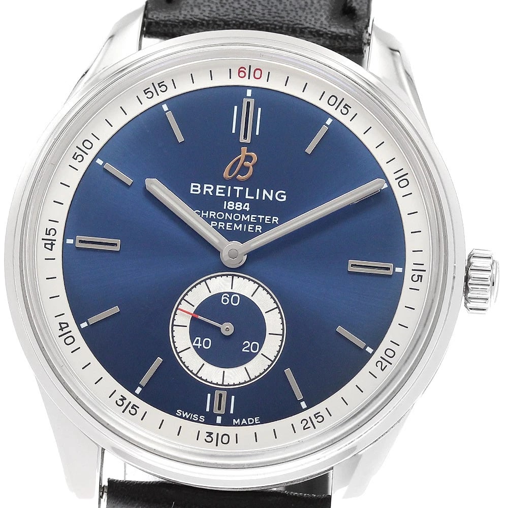 BREITLING PREMIER AUTOMATIC WATCH: BREITLING Premier Automatic Watch Brand: BREITLING Type/Style: Wristwatch Material: Band Material leather, Case Material Stainless Steel / leather Color: Band Color black, Dial Color Navy, Case Color 