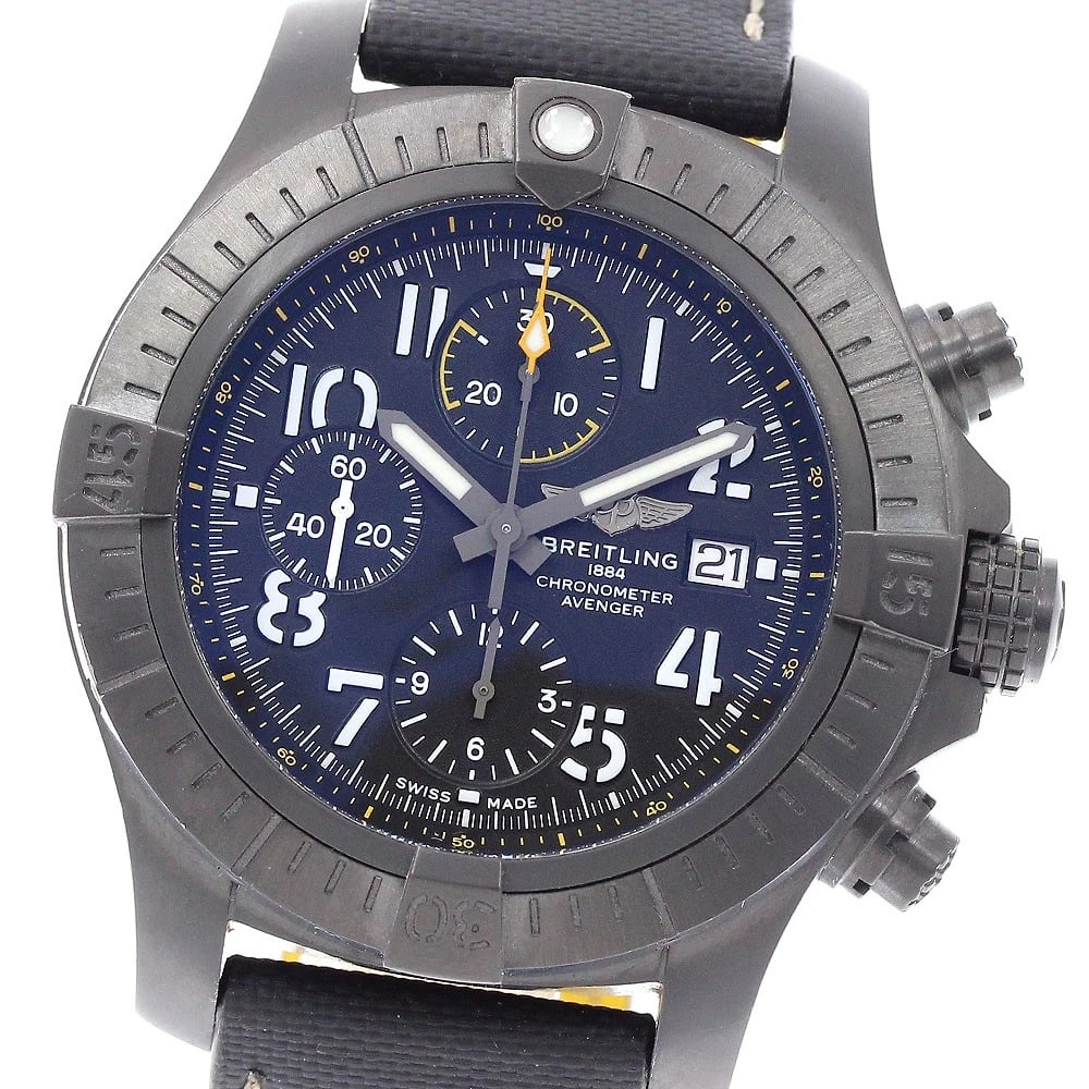 BREITLING AVENGER CHRONOGRAPH AUTOMATIC, WATCH: BREITLING Avenger Chronograph Automatic, Watch Brand: BREITLING Type/Style: Wristwatch Material: Band Material leather, Case Material Stainless Steel / leather Color: Band Color Black / yellow, Dial