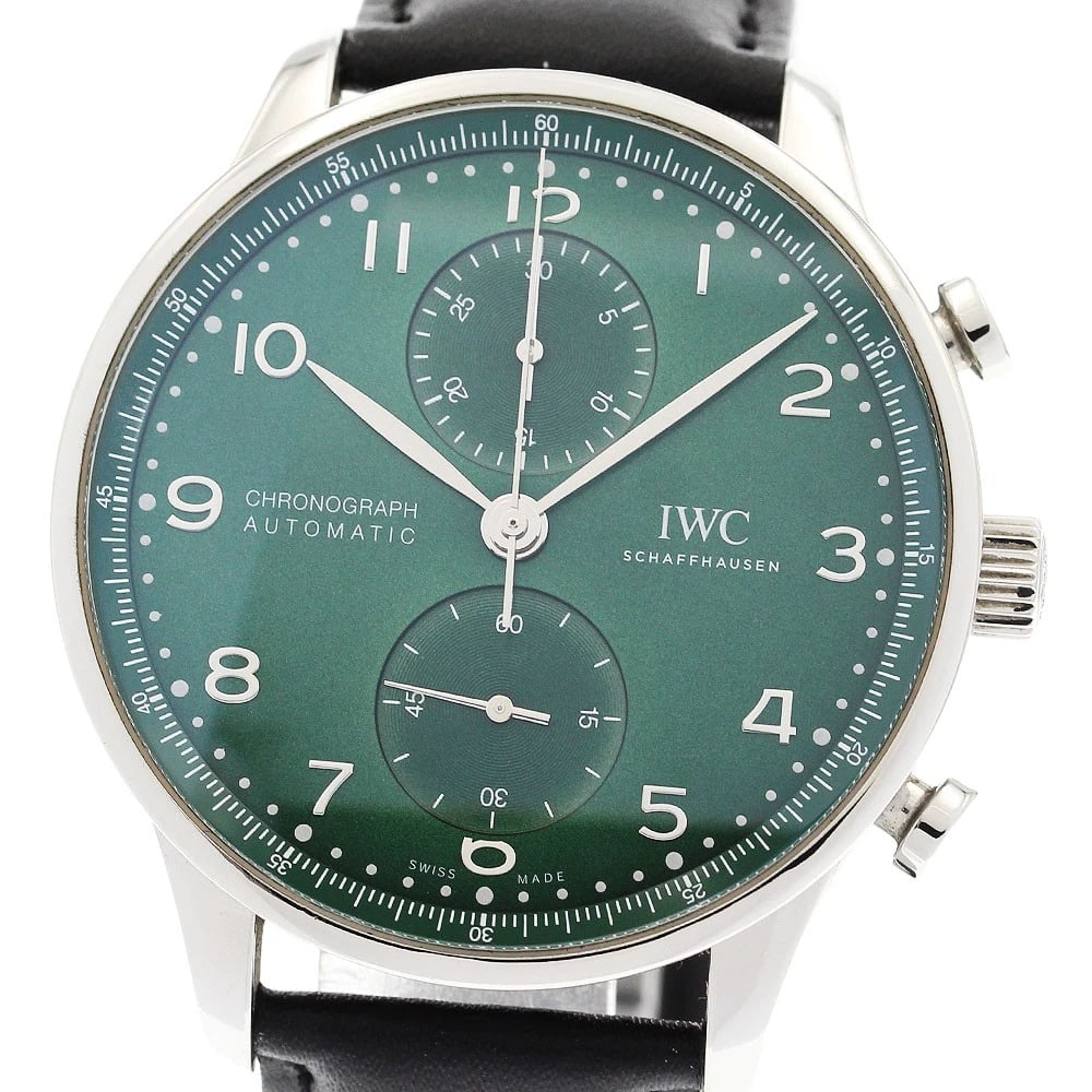 IWC SCHAFFHAUSEN PORTUGESE CHRONOGRAPH AUTOMATIC WATCH: IWC SCHAFFHAUSEN Portugese Chronograph Automatic Watch Brand: IWC SCHAFFHAUSEN Type/Style: Wristwatch Material: Band Material leather, Case Material Stainless Steel / leather Color: Band Color black,