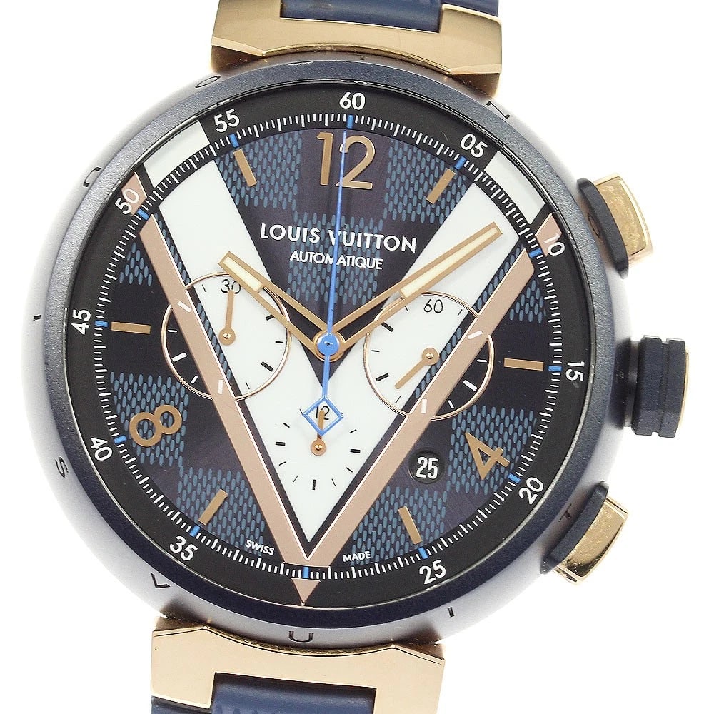 LOUIS VUITTON TAMBOUR DAMIER CHRONOGRAPH AUTOMATIC, WATCH: LOUIS VUITTON Tambour Damier Chronograph Automatic, Watch Brand: LOUIS VUITTON Type/Style: Wristwatch Material: Band Material rubber, Case Material Stainless Steel / rubber Color: Band Color Navy,