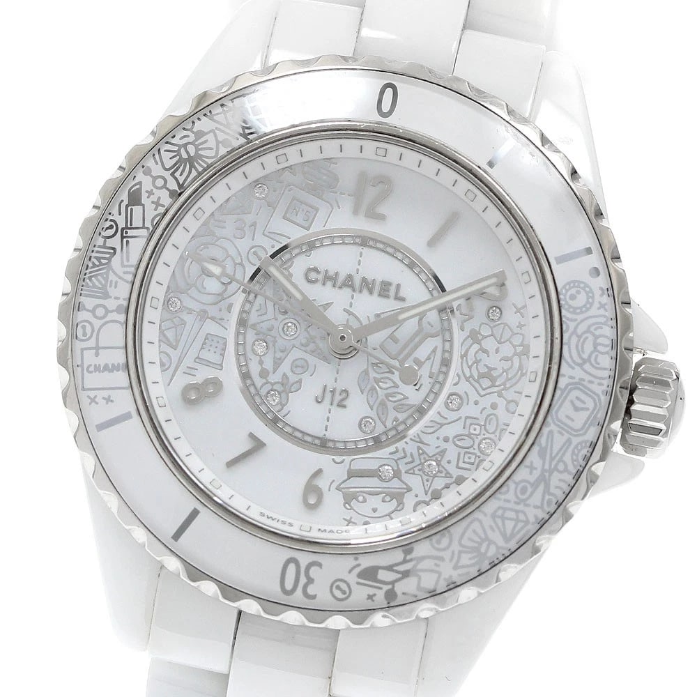 CHANEL J12 WHITE CERAMIC 12P DIAMOND QUARTZ LADIES WATCH: CHANEL J12 white ceramic 12P diamond Quartz Ladies Watch Brand: CHANEL Type/Style: Wristwatch Material: Band Material Stainless Steel / ceramic, Case Material Stainless Steel / Stainless Steel Color: 