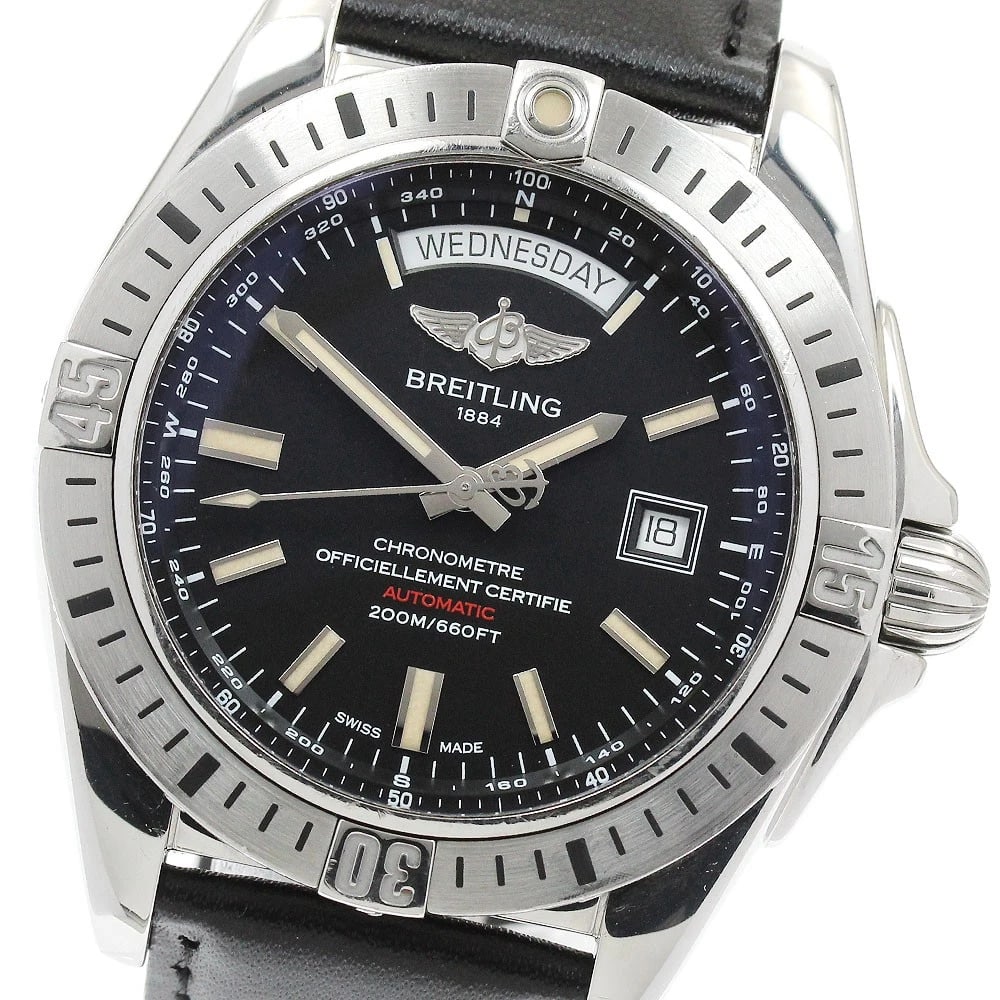 BREITLING GALACTIC DAY DATE BLACK AUTOMATIC WATCH: BREITLING Galactic Day date black Automatic Watch Brand: BREITLING Type/Style: Wristwatch Material: Band Material leather, Case Material Stainless Steel / leather Color: Band Color black, Dial Color b