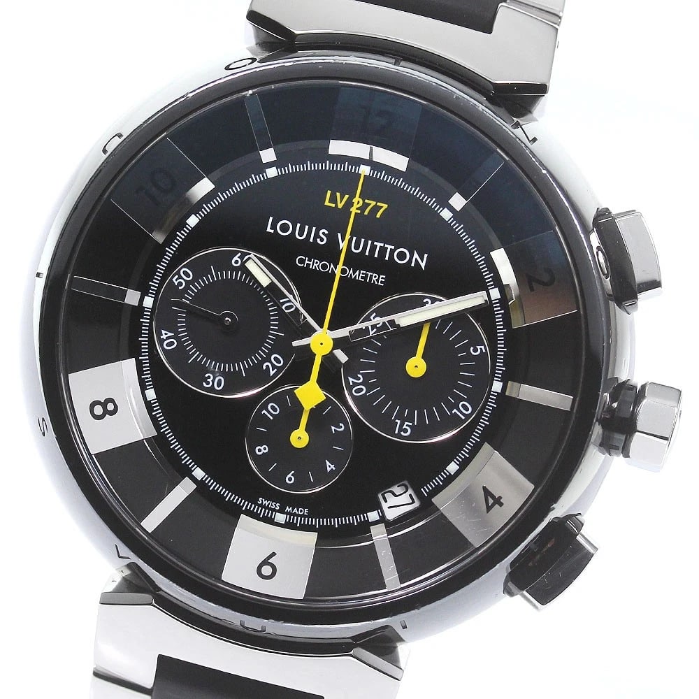 LOUIS VUITTON TAMBOUR IN BLACK CHRONOGRAPH AUTOMATIC WATCH: LOUIS VUITTON Tambour in black Chronograph Automatic Watch Brand: LOUIS VUITTON Type/Style: Wristwatch Material: Band Material Rubber / Stainless Steel, Case Material stainless Steel /stainless steel