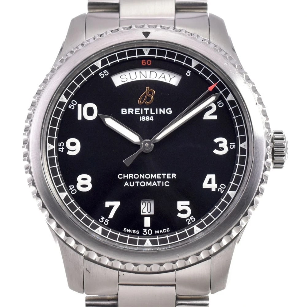 BREITLING AVIATOR 8 DAY DATE AUTOMATIC MEN'S WATCH: BREITLING Aviator 8 Day Date Automatic Men's Watch Brand: BREITLING Type/Style: Wristwatch Material: Band Material Stainless Steel, Case Material Stainless Steel Color: Band Color Silver, Dial Color b