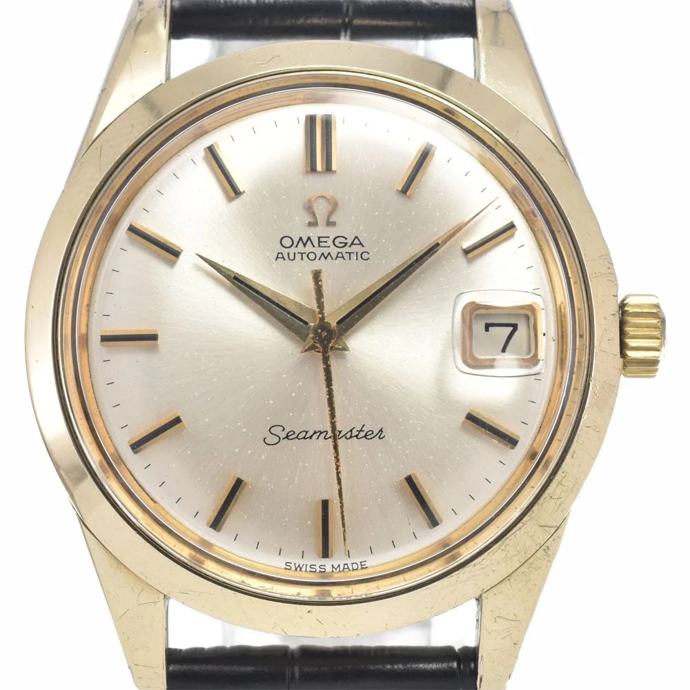OMEGA SEAMASTER AUTOMATIC MEN'S WATCH: OMEGA Seamaster Automatic Men's Watch Brand: OMEGA Type/Style: Wristwatch Material: Band Material leather, Case Material Gold Plated Color: Band Color black, Dial Color Silver, Case Color gold Size: