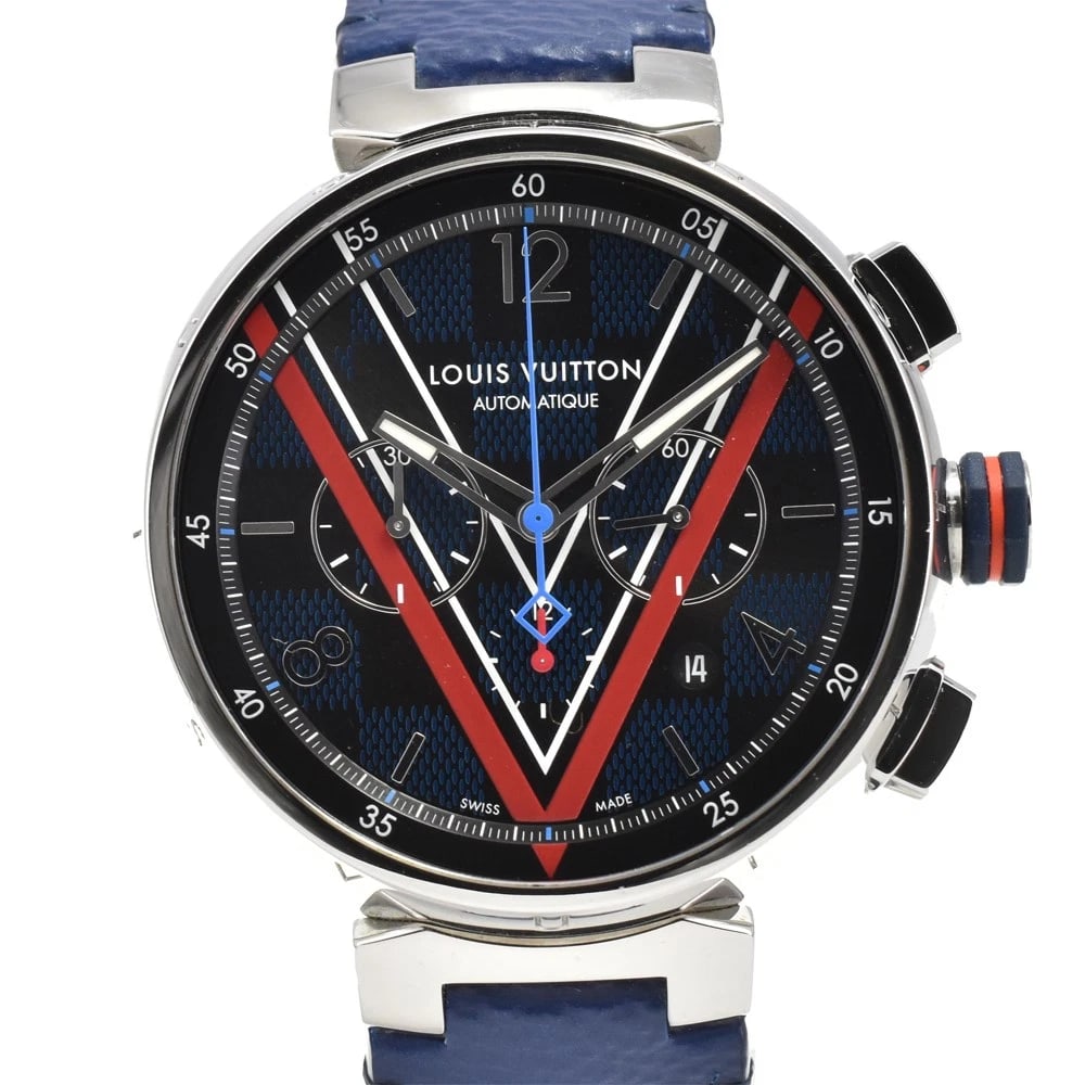 LOUIS VUITTON TAMBOUR DAMIER COBALT V AUTOMATIC MEN'S WATCH: LOUIS VUITTON Tambour Damier Cobalt V Automatic Men's Watch Brand: LOUIS VUITTON Type/Style: Wristwatch Material: Band Material leather, Case Material Stainless Steel Color: Band Color blue, Dial