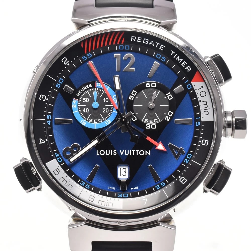 LOUIS VUITTON TAMBOUR REGATTA ALARM BLUE DIAL QUARTZ MEN'S WATCH: LOUIS VUITTON Tambour Regatta alarm blue Dial Quartz Men's Watch Brand: LOUIS VUITTON Type/Style: Wristwatch Material: Band Material rubber, Case Material Stainless Steel Color: Band Color black,
