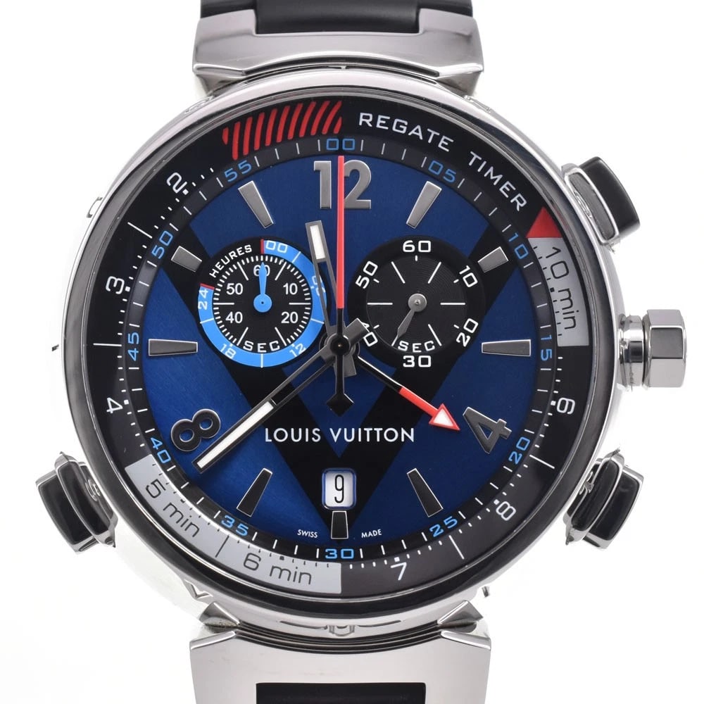 LOUIS VUITTON TAMBOUR REGATTA ALARM BLUE DIAL QUARTZ MEN'S WATCH: LOUIS VUITTON Tambour Regatta alarm blue Dial Quartz Men's Watch Brand: LOUIS VUITTON Type/Style: Wristwatch Material: Band Material rubber, Case Material Stainless Steel Color: Band Color black, Dial