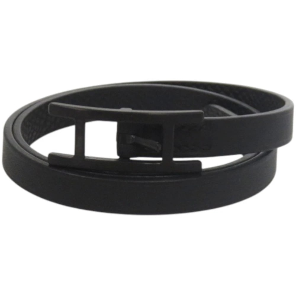 HERMES DOUBLE TOUR LEATHER BRACELET BLACK: Hermes Double Tour Leather Bracelet Black Brand: Hermes Type/Style: Bracelet Material: Leather, Color: Black Size: Length approximately 17.3 inches, Width approximately 0.3 inches Accessories: Non