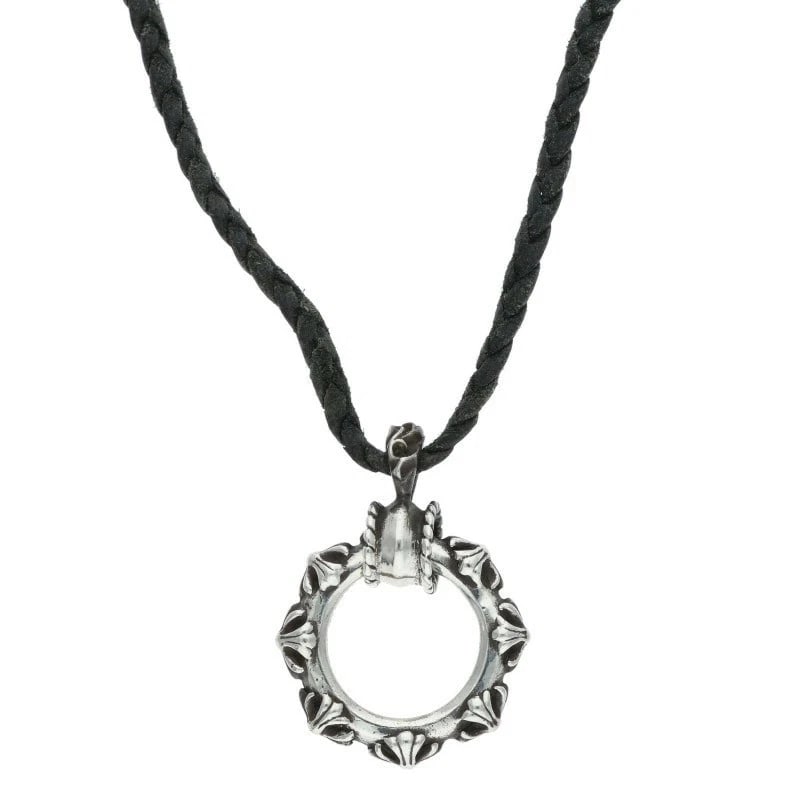 CHROME LEATHER NECKLACE SILVER/BLACK: Chrome Leather Necklace Silver/Black Brand: Chrome Hearts Type/Style: Necklace Material: 925 Silver, Color: Silver, Black Size: Top width 1.1 in, height 1.5 in, cord length 38.9 in, cord width