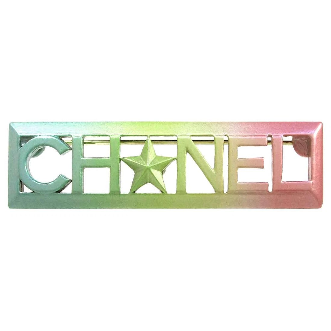 CHANEL LOGO BROOCH MULTICOLOR METAL: Chanel Logo Brooch Multicolor Metal Brand: Chanel Type/Style: Brooch Material: Metal, Color: Multi Size: W2.1in x H0.6in Accessories: None Accessories Notice: When purchasing pre-owned goods, please