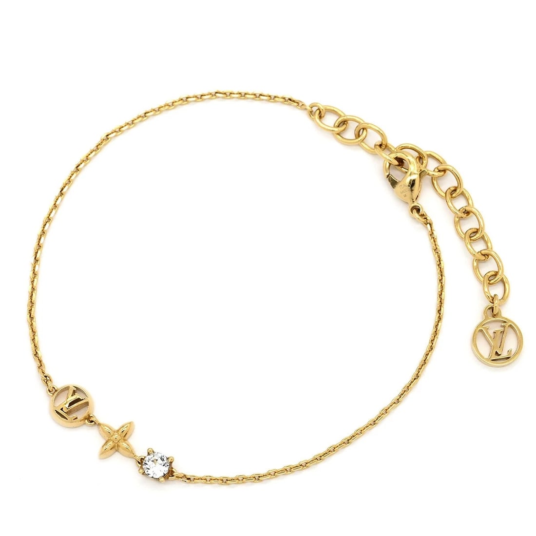 LOUIS VUITTON BRACELET PETIT LOUISCIRCLE MONOGRAM FLOWER: Louis Vuitton Bracelet Petit LouisCircle Monogram Flower Brand: Louis Vuitton Type/Style: Bracelet Material: GP / Stones, Color: Gold Size: Length 8.3 in, Width 0.3 in, Adjustable 1.6 in Accessori