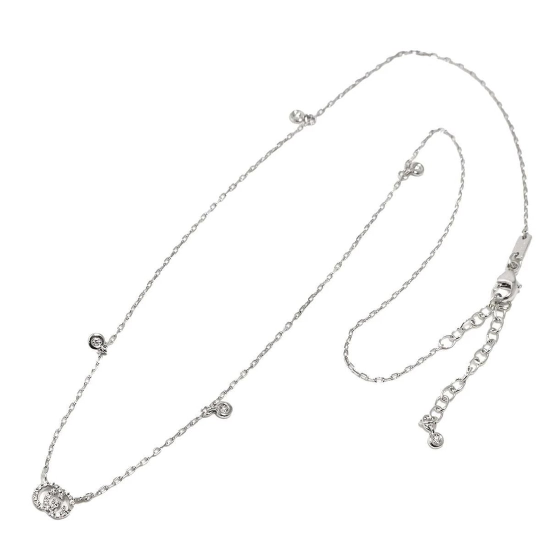 GUCCI NECKLACE WHITE GOLD 750 DIAMOND PENDANT: GUCCI Necklace White Gold 750 Diamond Pendant Brand: Gucci Type/Style: Necklace Material: Gold-plated, Color: WHITE GOLD Size: 16.5 in (adjustable to 15.7 in) Accessories: None Accessories Notice: