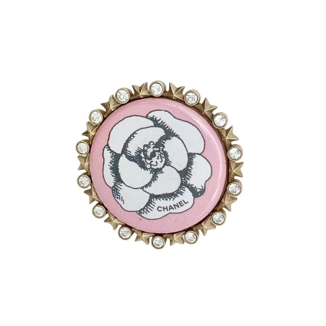 CHANEL CAMELLIA FLOWER RHINESTONE BROOCH GOLD: Chanel Camellia Flower Rhinestone Brooch Gold Brand: Chanel Type/Style: Brooch Material: Matte gold plating, Rhinestones, Plastic, Color: Matte gold, Pink Size: Diameterapproximately 1.8 inches.