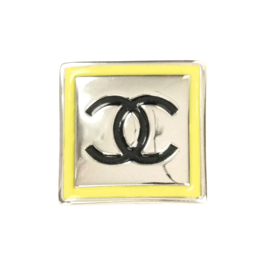 CHANEL COCO MARK SQUARE BROOCH: Chanel Coco Mark Square Brooch Brand: Chanel Type/Style: Brooch Material: Metal, Color: Green, Black, Silver Size: 1.8 cm x 1.8 cm Accessories: None Accessories Notice: When purchasing pre-owned