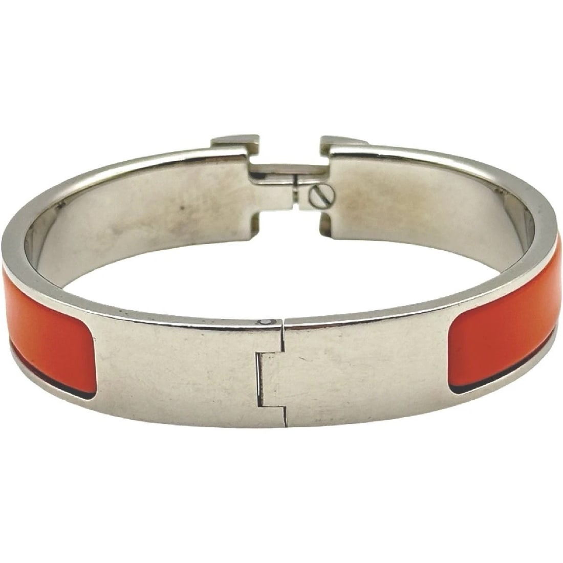HERMES CLICK CRACK ENAMEL BANGLE ORANGE SILVER METAL: Hermes Click Crack Enamel Bangle Orange Silver Metal Brand: Hermes Type/Style: Clasp bracelet Material: Metal, Enamel, Color: Orange, Silver Size: Wrist circumference approximately 15 cm Accessories: