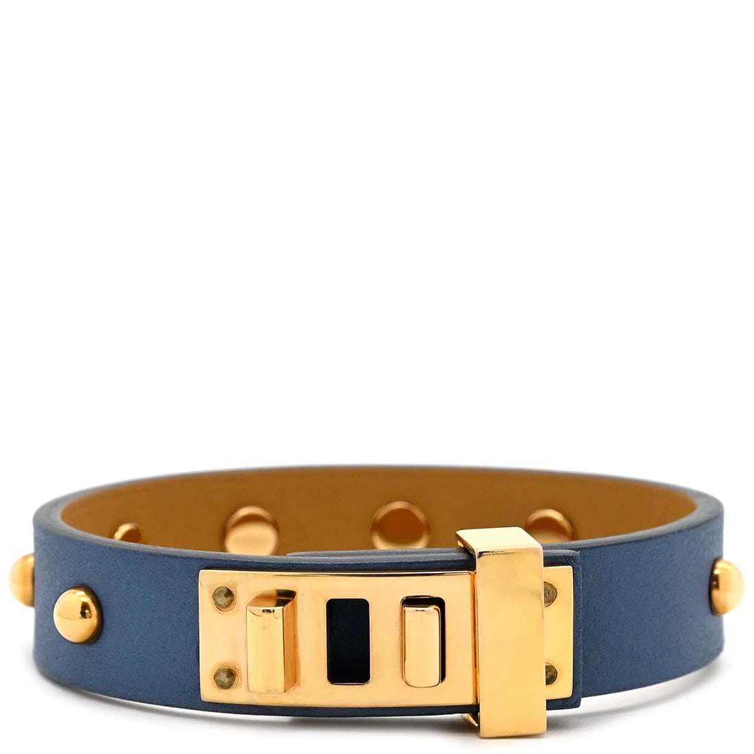HERMES SWIFT BLUE & GOLD LEATHER BRACELET: Hermes Swift Blue & Gold Leather Bracelet Brand: Hermes Type/Style: Bracelet Material: Swift leather, GP metal, Color: Blue,Gold Size: Adjustable up to 14cm, Width 0.5 in, Length 6.7 in Accessories: