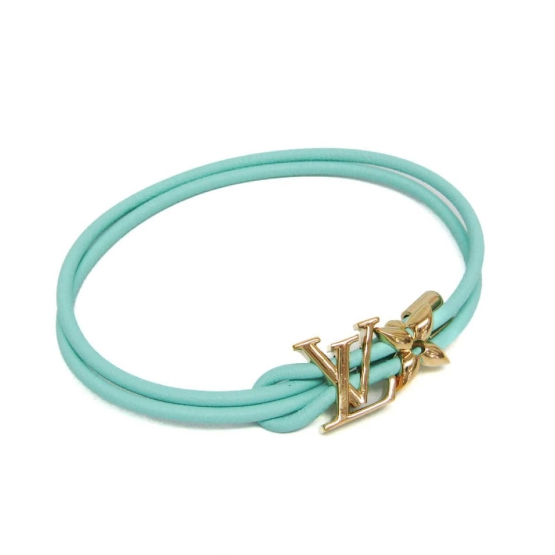 LOUIS VUITTON BLOOM BRACELET GOLD PLATED LEATHER BANGLE: Louis Vuitton Bloom Bracelet Gold Plated Leather Bangle Brand: Louis Vuitton Type/Style: Bangle Material: Gold plating, Leather, Color: Gold, Light Blue-Green Size: 7.48 in Accessories: None
