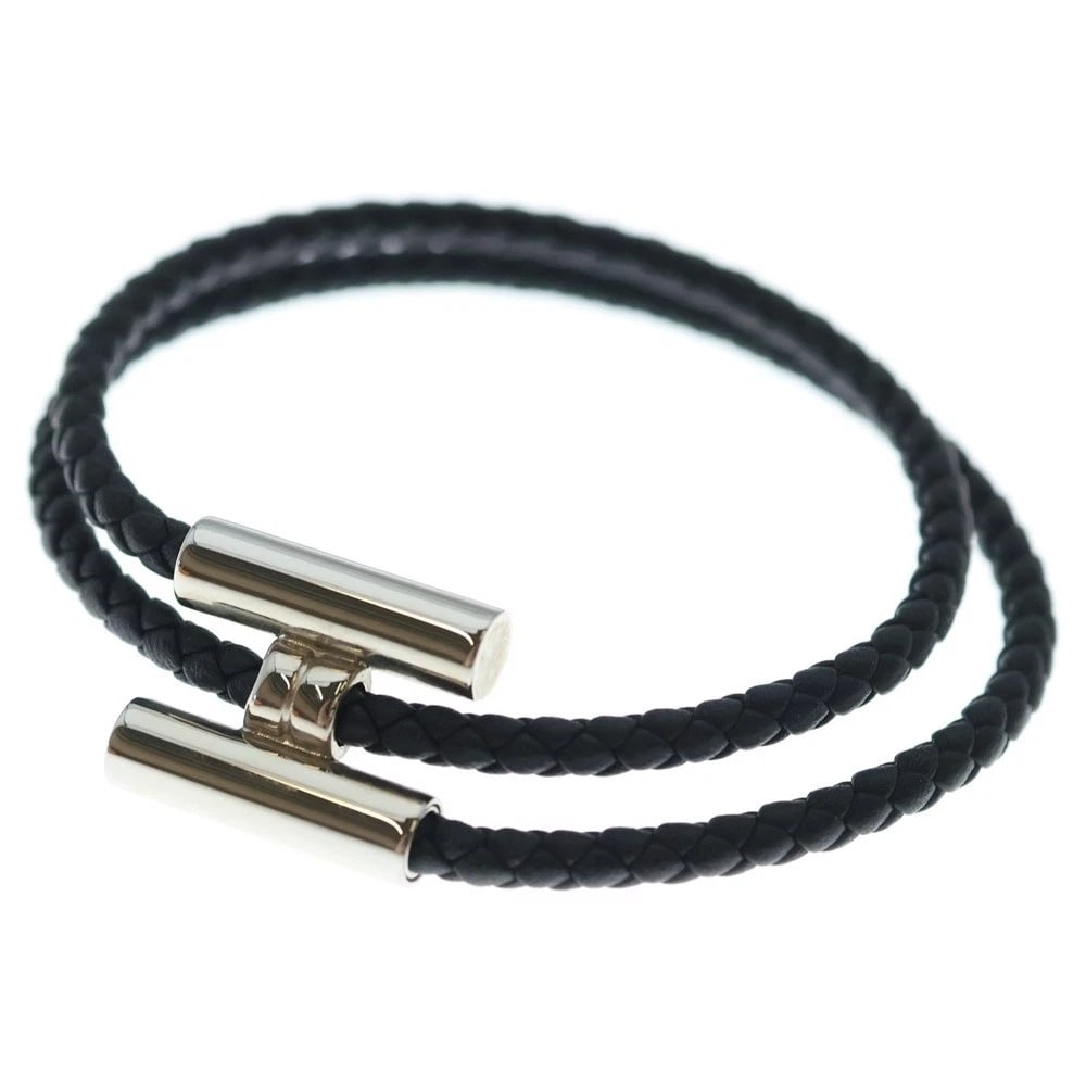 HERMES LEATHER BRACELET BLACK/SILVER: Hermes Leather Bracelet Black/Silver Brand: Hermes Type/Style: Leather Bracelet Material: Not specified, Color: Black, Silver Size: Length14.2 inches, Width: 0.14 inches Accessories: None Accessories