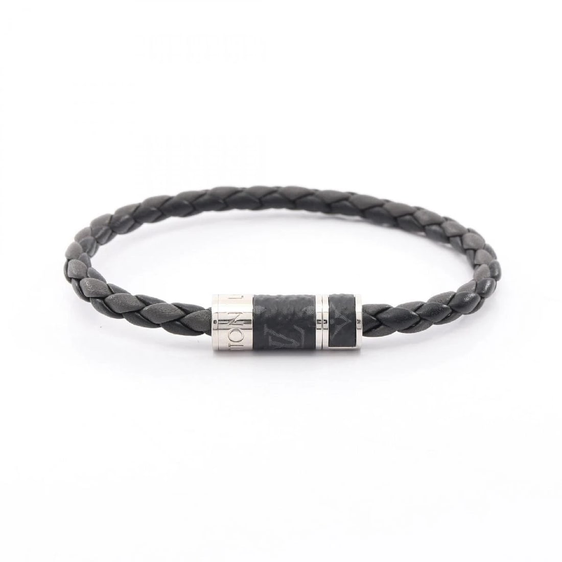 LOUIS VUITTON MONOGRAM ECLIPSE SILVER BRACELET: Louis Vuitton Monogram Eclipse Silver Bracelet Brand: Louis Vuitton Type/Style: Bracelet Material: Stainless Steel, PVC, Color: Silver, Black Size: Max wrist circumference 6.7 in, Motif width 0.9 in,