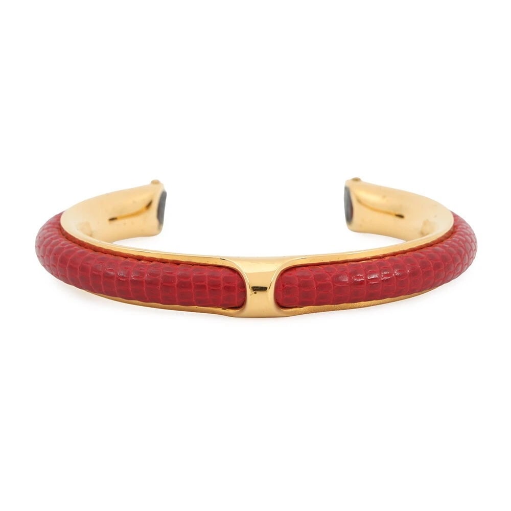 HERMES RED/GOLD HARDWARE LIZARD BRACELET: Hermes Red/Gold Hardware Lizard Bracelet Brand: Hermes Type/Style: Bracelet Material: Lizard leather, Color: Red Size: Wrist circumference approximately 6.5 inches (16.5 cm), Width Accessories: None