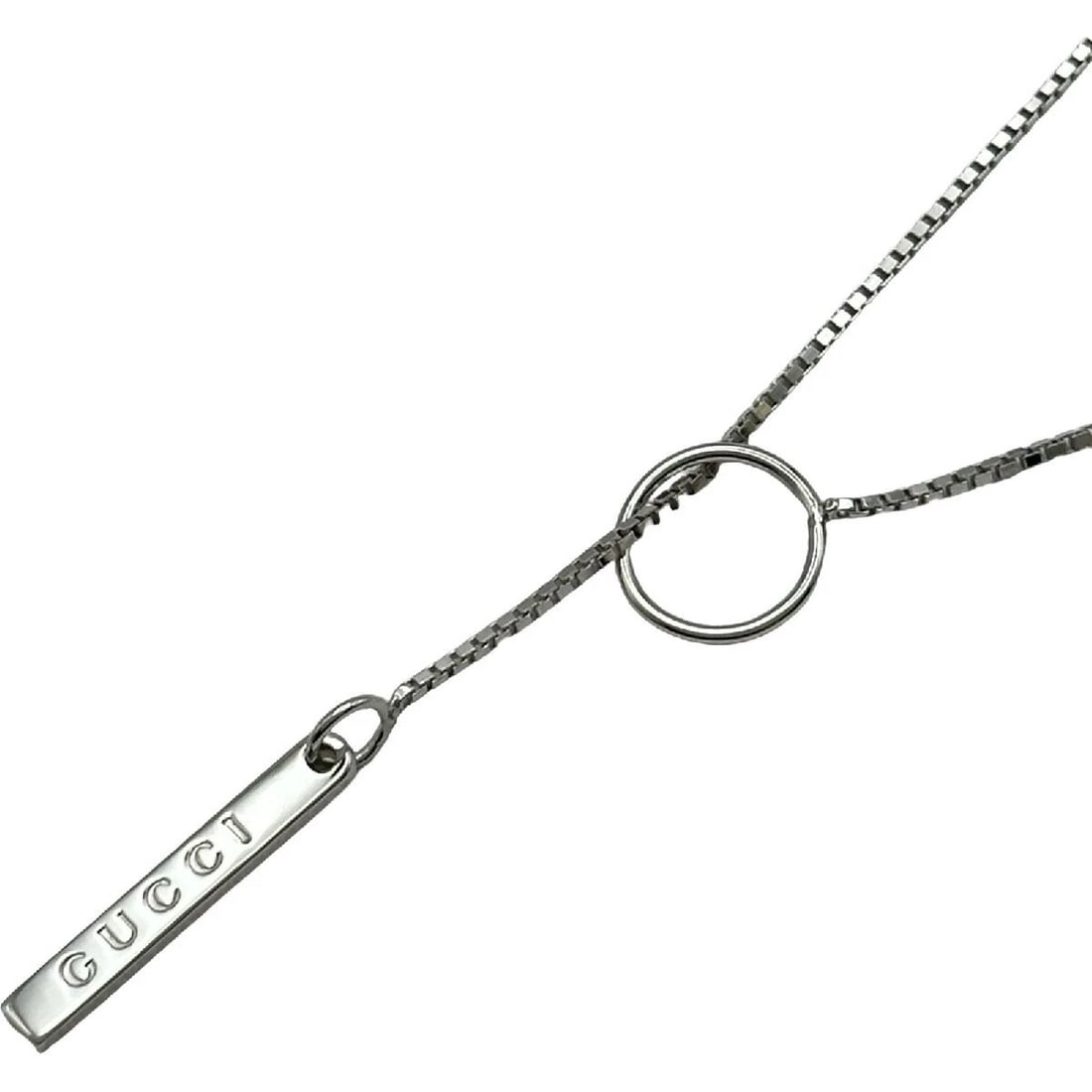 GUCCI LARIAT NECKLACE WHITE GOLD 750: GUCCI Lariat Necklace White Gold 750 Brand: Gucci Type/Style: Necklace Material: 750 White Gold, Color: WHITE GOLD Size: Pendant: 19.4mm x 2.8mm, Chain: 50cm Accessories: None Accessories Notice: