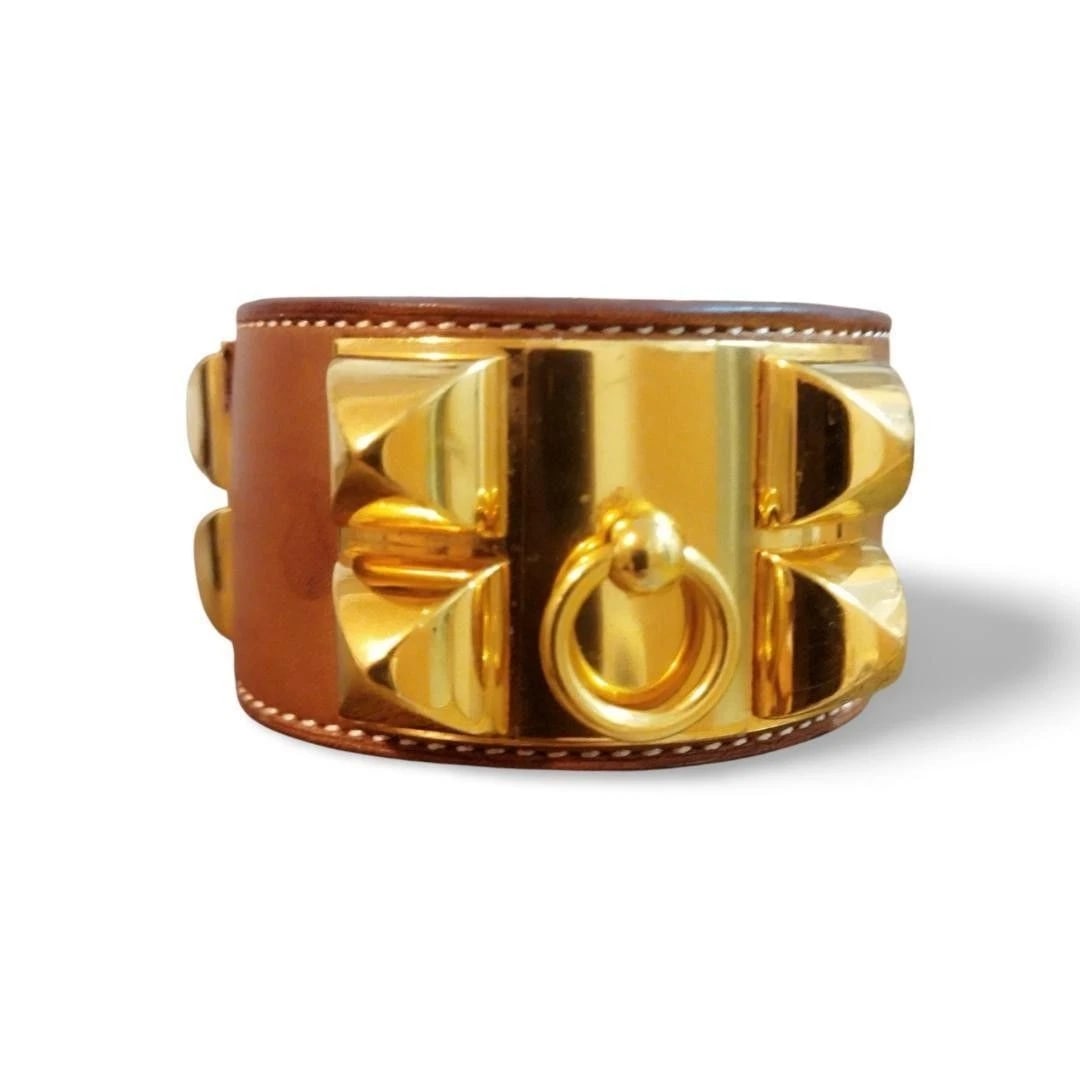 HERMES BANGLE BRACELET GOLD PLATED LEATHER: Hermes Bangle Bracelet Gold Plated Leather Brand: Hermes Type/Style: Bracelet Material: GP (gold plating), leather, Color: Gold,Brown Size: Wrist circumference approximately 7.9 inches, width