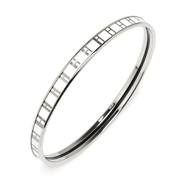 HERMES ENAMEL SILVER BRACELET WHITE BANGLE: Hermes Enamel Silver Bracelet White Bangle Brand: Hermes Type/Style: Bracelet Material: Metal with enamel print, Color: White, Gold Size: Width: 2.2 in, Inner circumference: 7.7 in, Max diameter: 2.4