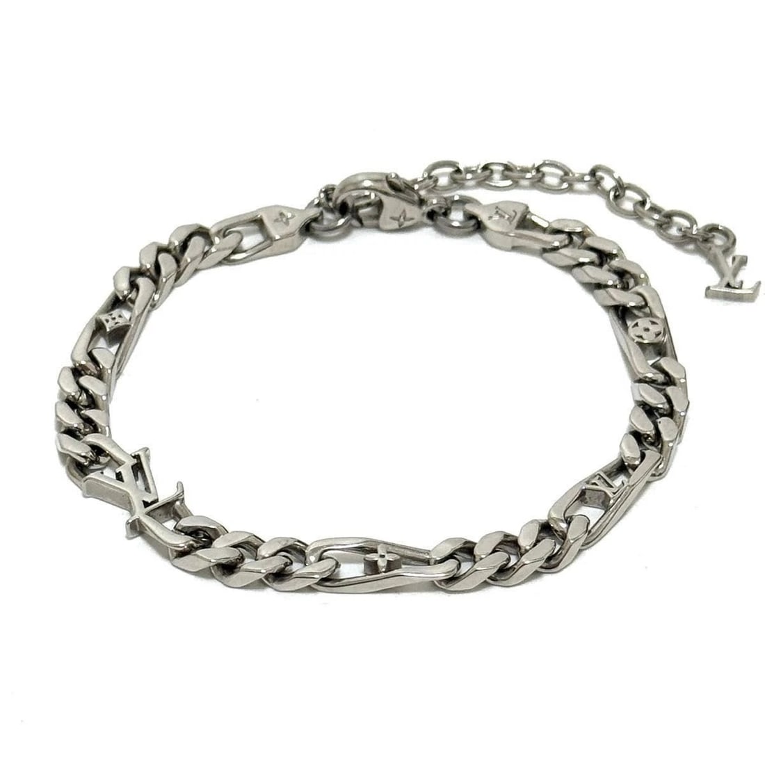 LOUIS VUITTON SILVER MONOGRAM CHAIN BRACELET: Louis Vuitton Silver Monogram Chain Bracelet Brand: Louis Vuitton Type/Style: Bracelet Material: Leather, Color: SILVER Size: Total length 9.6 in, wrist size 6.9-9.2 in Accessories: None A