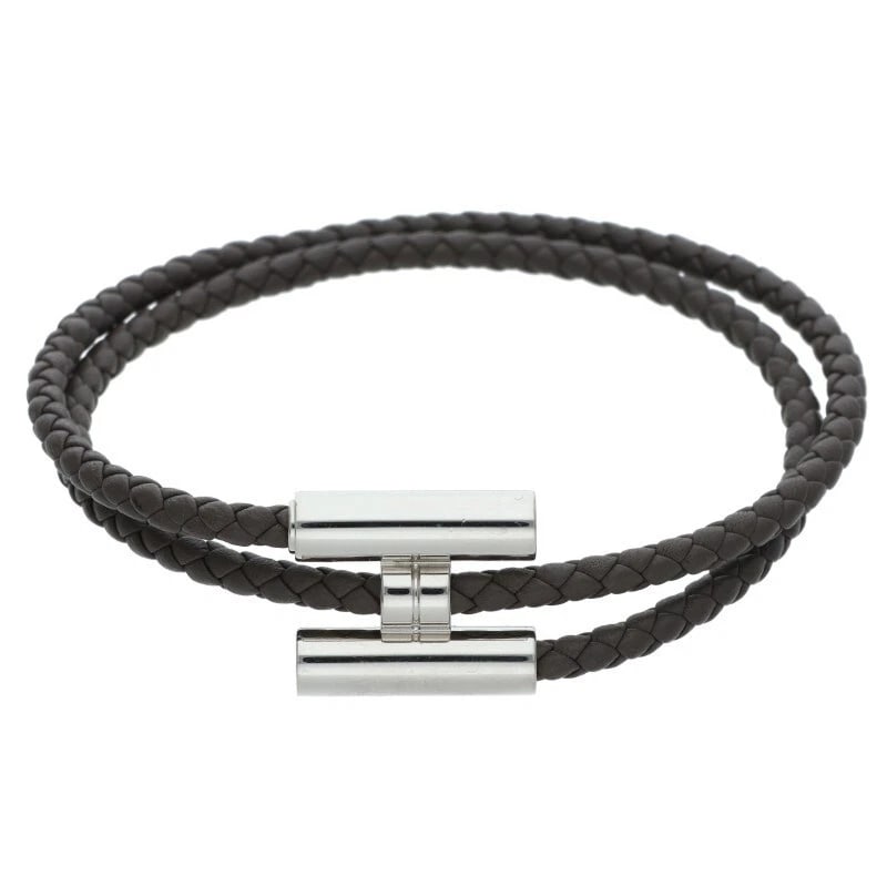 HERMES TURNI LEATHER BRACELET: Hermes Turni Leather Bracelet Brand: Hermes Type/Style: Bracelet Material: Leather, Color: Gray, Silver Size: 0.4cm, Wrist circumference: 19cm. Accessories: None Accessories Notice: When p