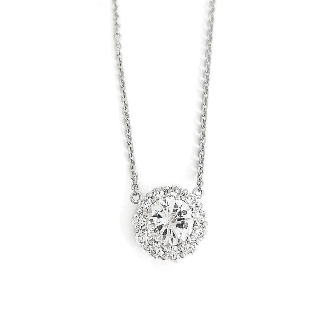 ROUND DIAMOND HALO PENDANT NECKLACE 14K WHITE GOLD: Round Diamond Halo Pendant Necklace 14K White Gold Brand: Unbranded Type/Style: Necklace Material: 14K White Gold, Main Stone/Creation Natural Color: Silver Size: Length: 15.25 inches Pendant: 12.7 mm