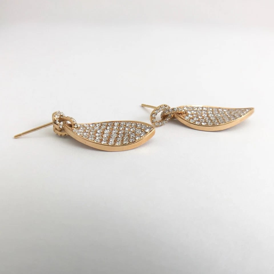 PAVE DIAMOND LEAF HANGING DANGLE DROP EARRINGS - 2