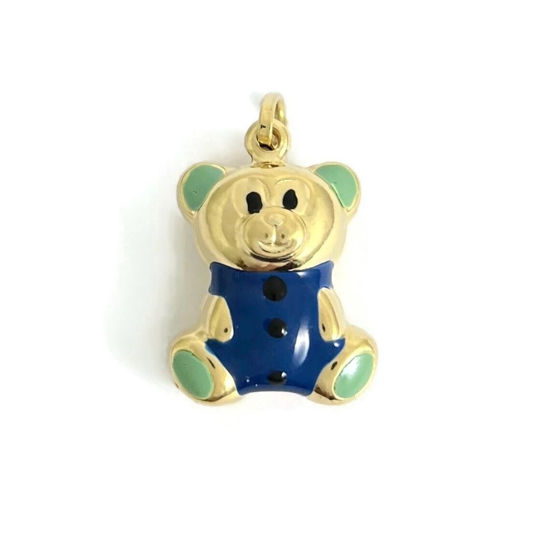 BLUE GREEN ENAMEL TEDDY BEAR CHARM PENDANT: Blue Green Enamel Teddy Bear Charm Pendant Brand: Estate Type/Style: Pendant Material: 14K Yellow Gold, Color: Blue Size: Measurements: 22.5 mm x 15.6 mm Accessories: None Accessories Noti
