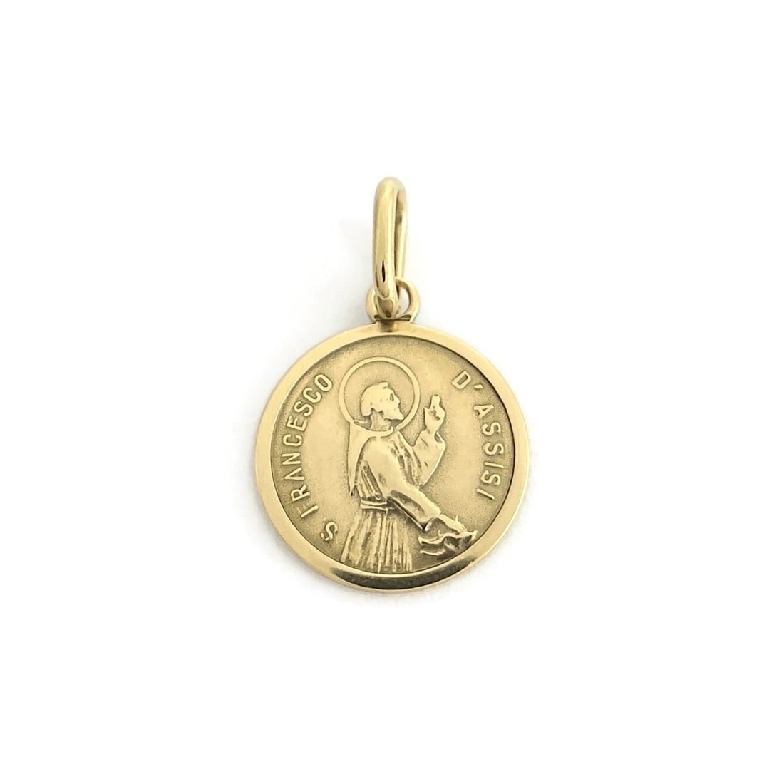 SAINT FRANCESCO D'ASSISI RELIGIOUS DISC PENDANT CHARM: Saint Francesco D'Assisi Religious Disc Pendant Charm Brand: Unbranded Type/Style: Pendant Material: 18K Yellow Gold, Color: Gold Size: Measurements: 22.8 mm (with bale) x 14.1 mm Accessories: None