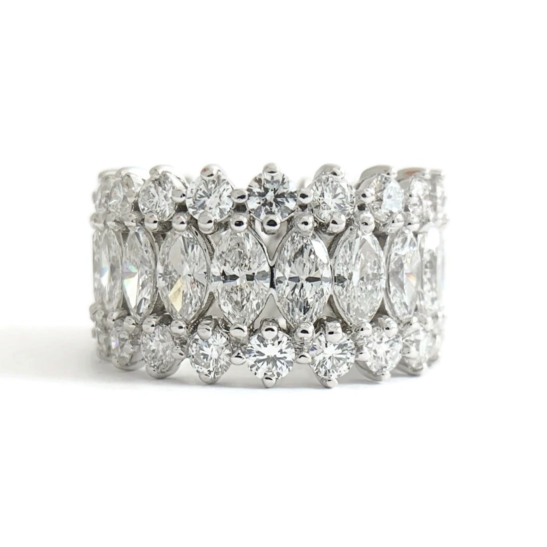 WIDE MARQUISE DIAMOND ETERNITY BAND STATEMENT RING: Wide Marquise Diamond Eternity Band Statement Ring Brand: Outlet Type/Style: Ring Material: 18K White Gold, Main Stone/Creation Natural Color: Silver Size: 6.75 US Accessories: None Access