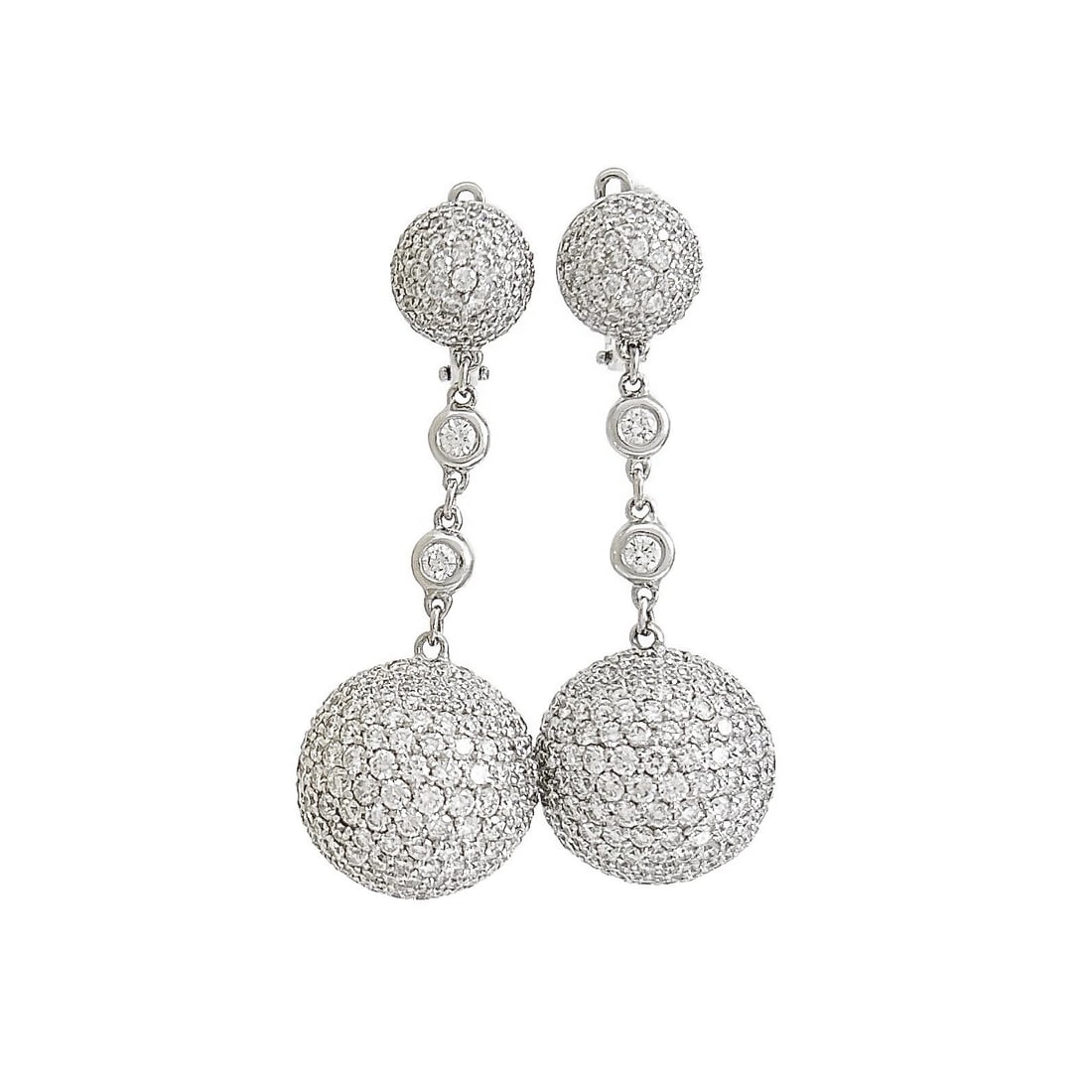 PAVE DIAMOND DISCO BALL DANGLE DROP EARRINGS: Pave Diamond Disco Ball Dangle Drop Earrings Brand: Unbranded Type/Style: Earrings Material: 18K White Gold, Main Stone/Creation Natural Color: Silver Size: Length: 1.8 inches Width: 16.7 mm Acces
