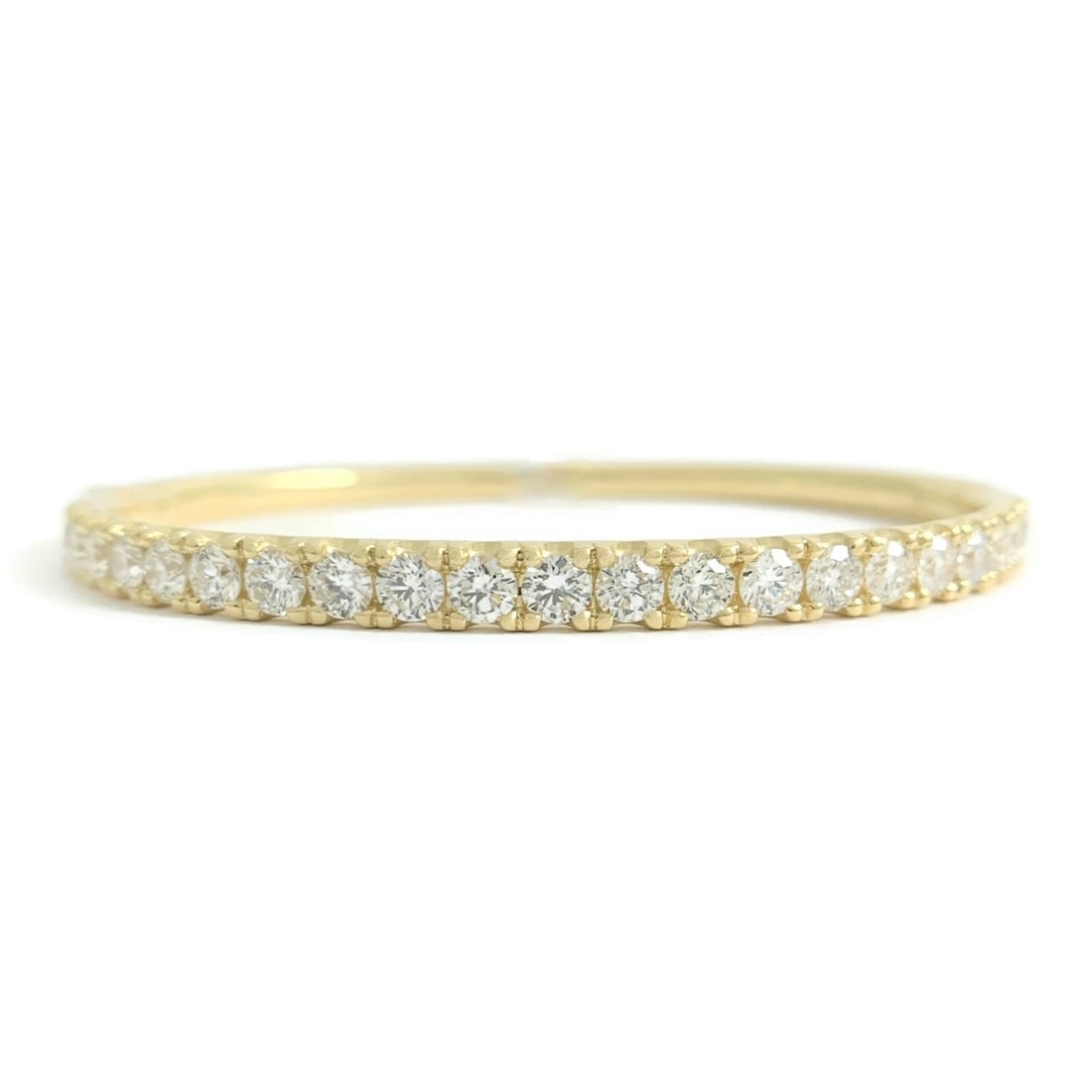 ROUND DIAMOND BANGLE BRACELET 14K YELLOW GOLD: Round Diamond Bangle Bracelet 14K Yellow Gold Brand: none Type/Style: Bracelet Material: 14K Yellow Gold, Main Stone/Creation Natural Color: Gold Size: Length: 6.5 inches Width: 4.2 mm at top; 3.2 mm 